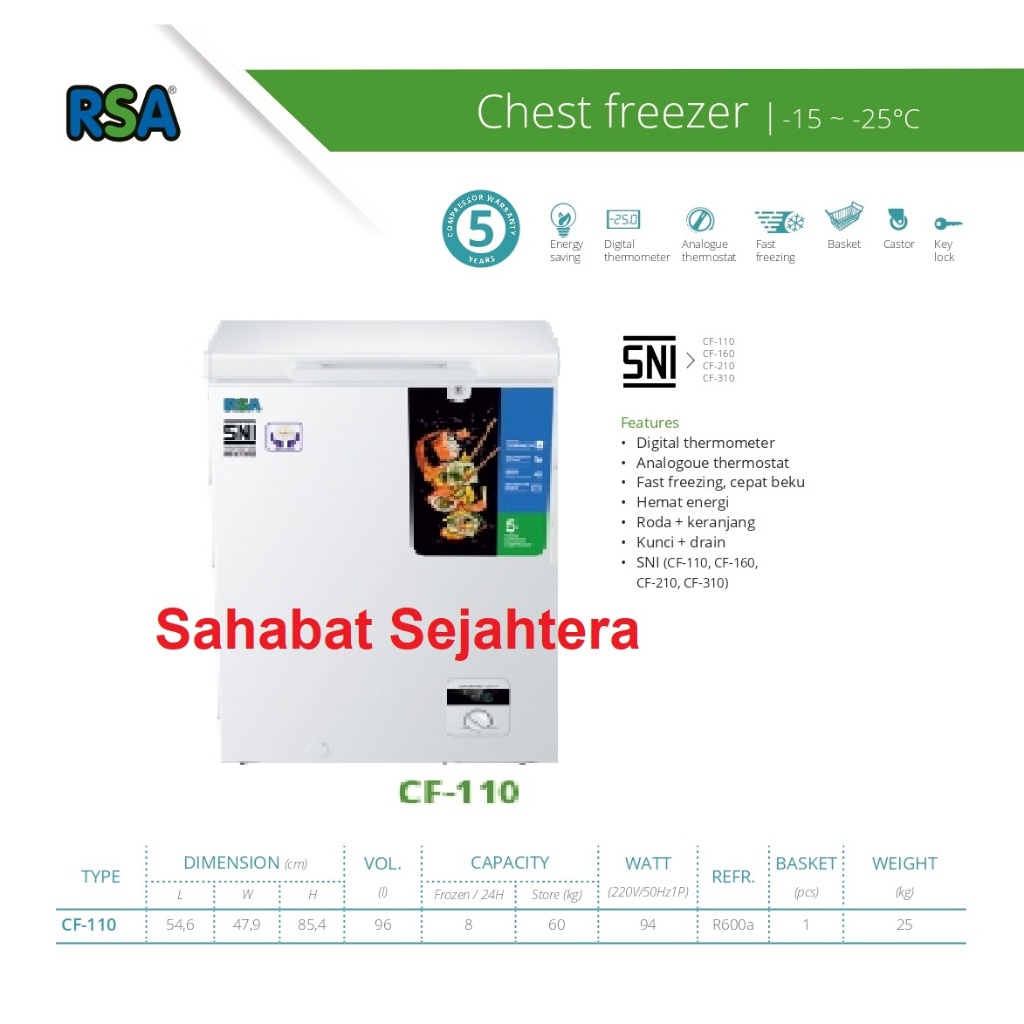 Berat Sebenarnya Chest Freezer 96 Liter RSA Tipe CF-110