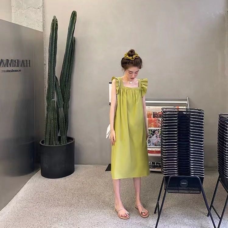 Midi Home Dress 7/8 Tali Ruffle Sleeveless Polos Nyaman - Hijau Lemon