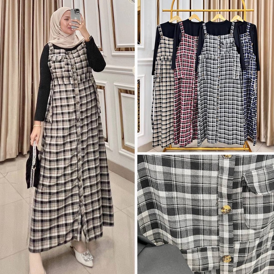 Baju Overall Wanita Korean Style Motif Kotak Kotak Flanel Kekinian