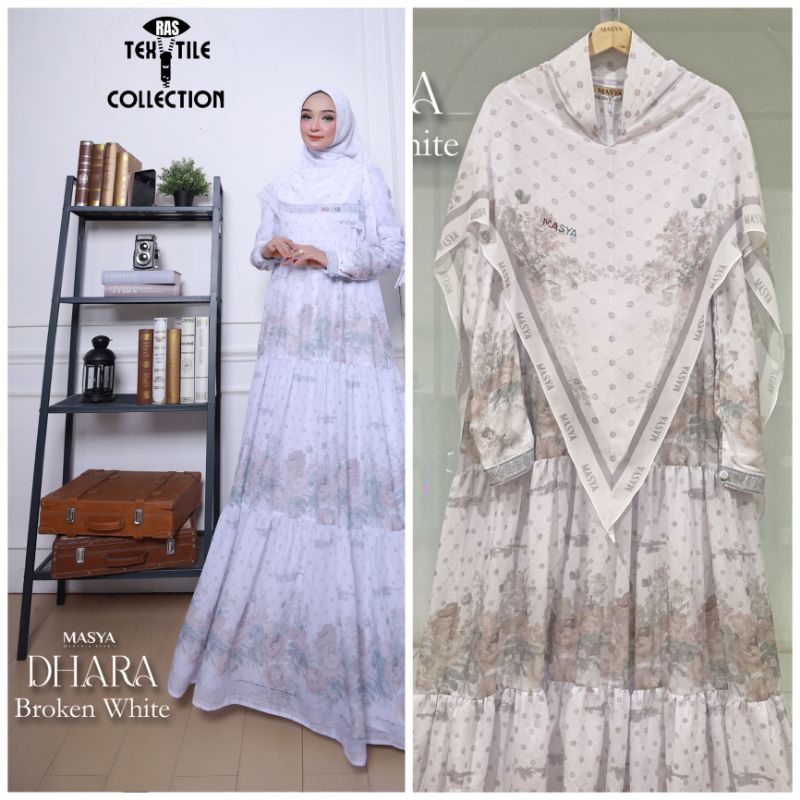Set Gamis Dress Voal Waffle Khimar Scarf Instan Ceruty Babydoll Printing Premium Syari Branded Putih