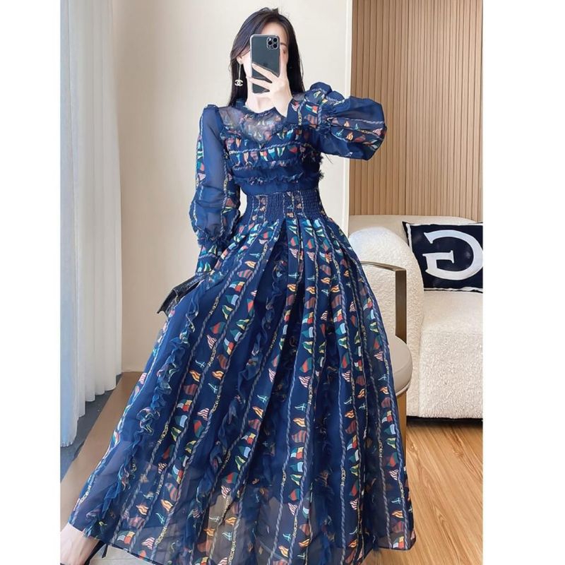 05550 Fashion Maxi long dress dres lengan panjang motif cantik manis sopan simpel elegan mewah pesta