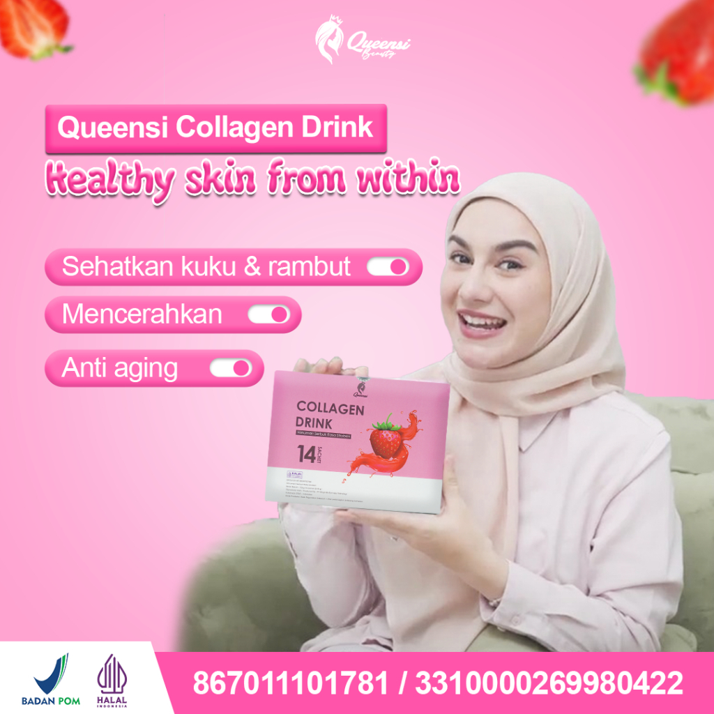 Queensi Collagen Drink Strawberry [ Isi 14 ] With Collagen Bovine Peptiplus Vitamin C & L-Glutatione