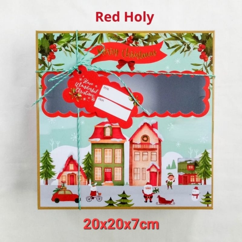 

2pcs Kotak Natal 20x20x7cm Christmas Hampers Box RED HOLY +tali +hangtag