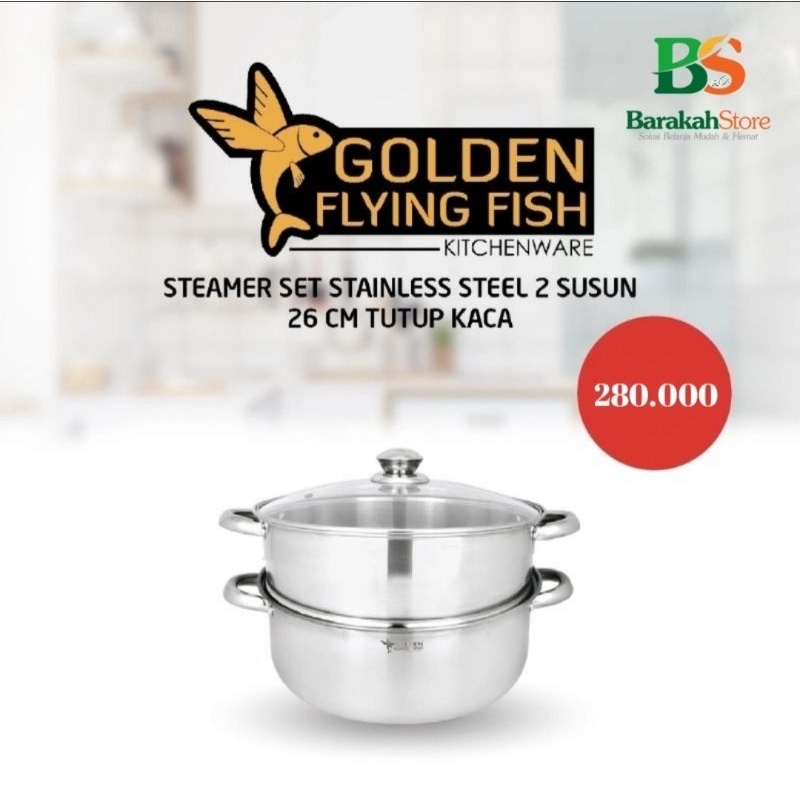 Golden Flying Fish Steamer Set Stainless Steel 2 susun 26 cm Tutup Kaca