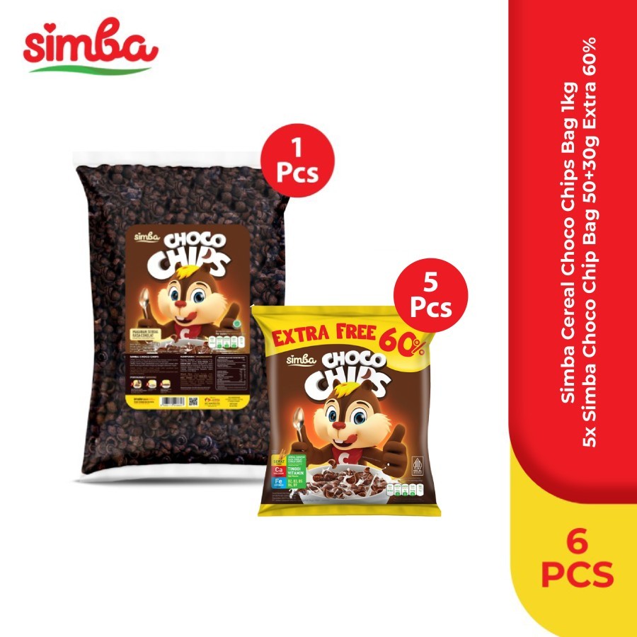 

Cereal SIMBA - 1 Choco Chips 950 gr + 5 Choco Chips Bag 50gr Free 60%