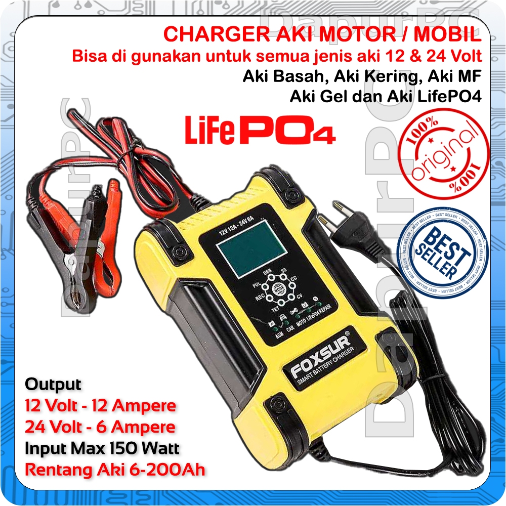 Foxsur Charger LCD 12V 12A - 24V 6A FBC122412D Smart Auto Intelligent Charger