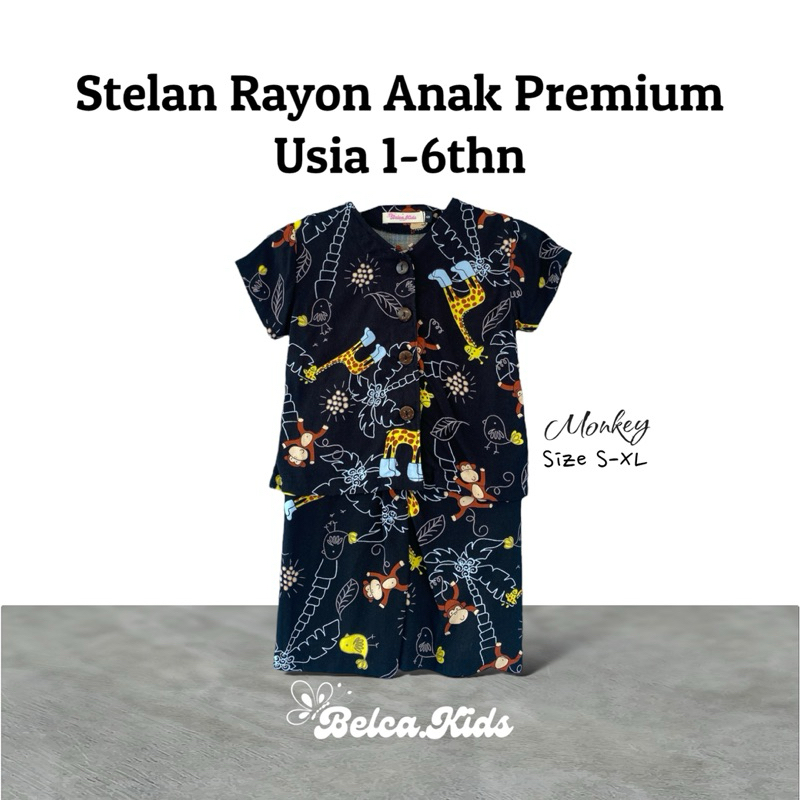 STELAN PIYAMA ANAK KATUN RAYON |( Motif  Monkey )Couple Ibu dan ana | Stelan anak murah| Setelan Ana