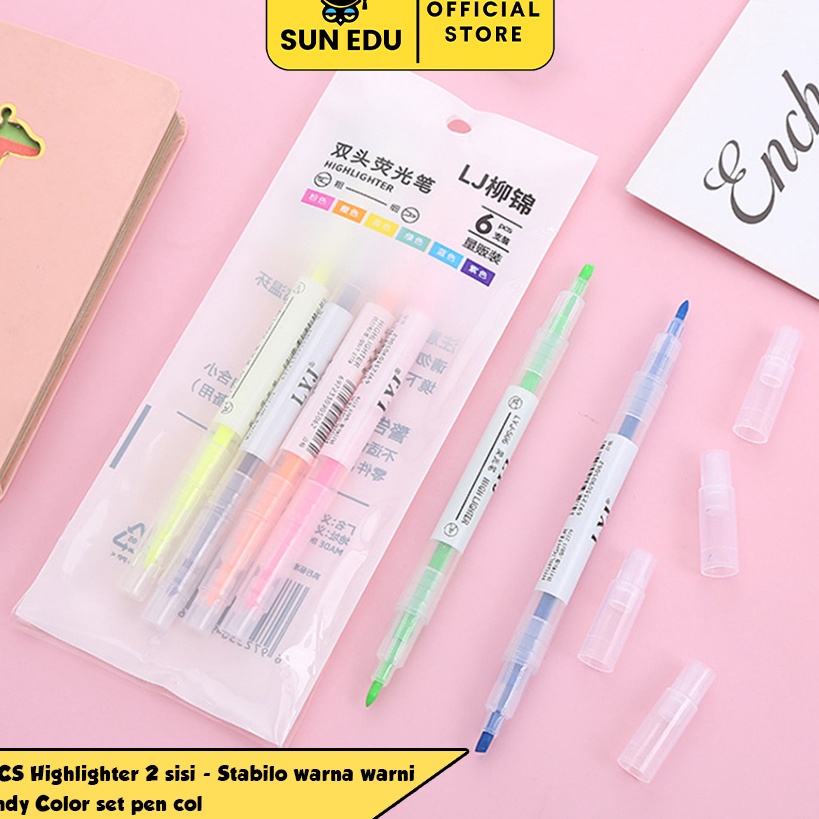

Terbaru 6 PCS Highlighter 2 sisi/ Stabilo warna warni/ Candy Color set pen col