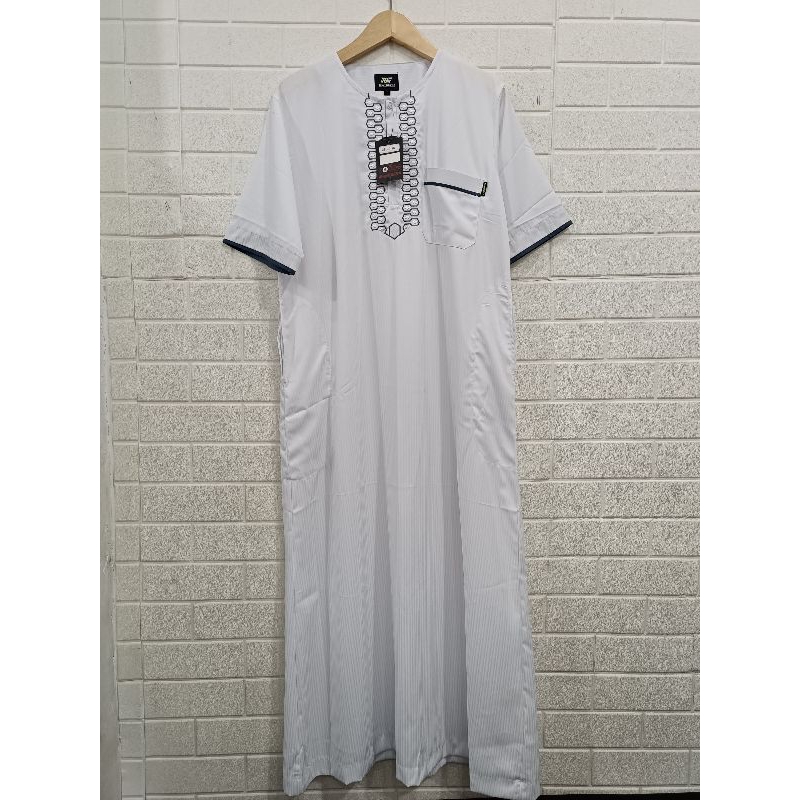 Jubah Gamis Pria Dewasa Al-Wafa/AWF Medium Gold Warna Putih Polos Motif Salur Lengan Pendek