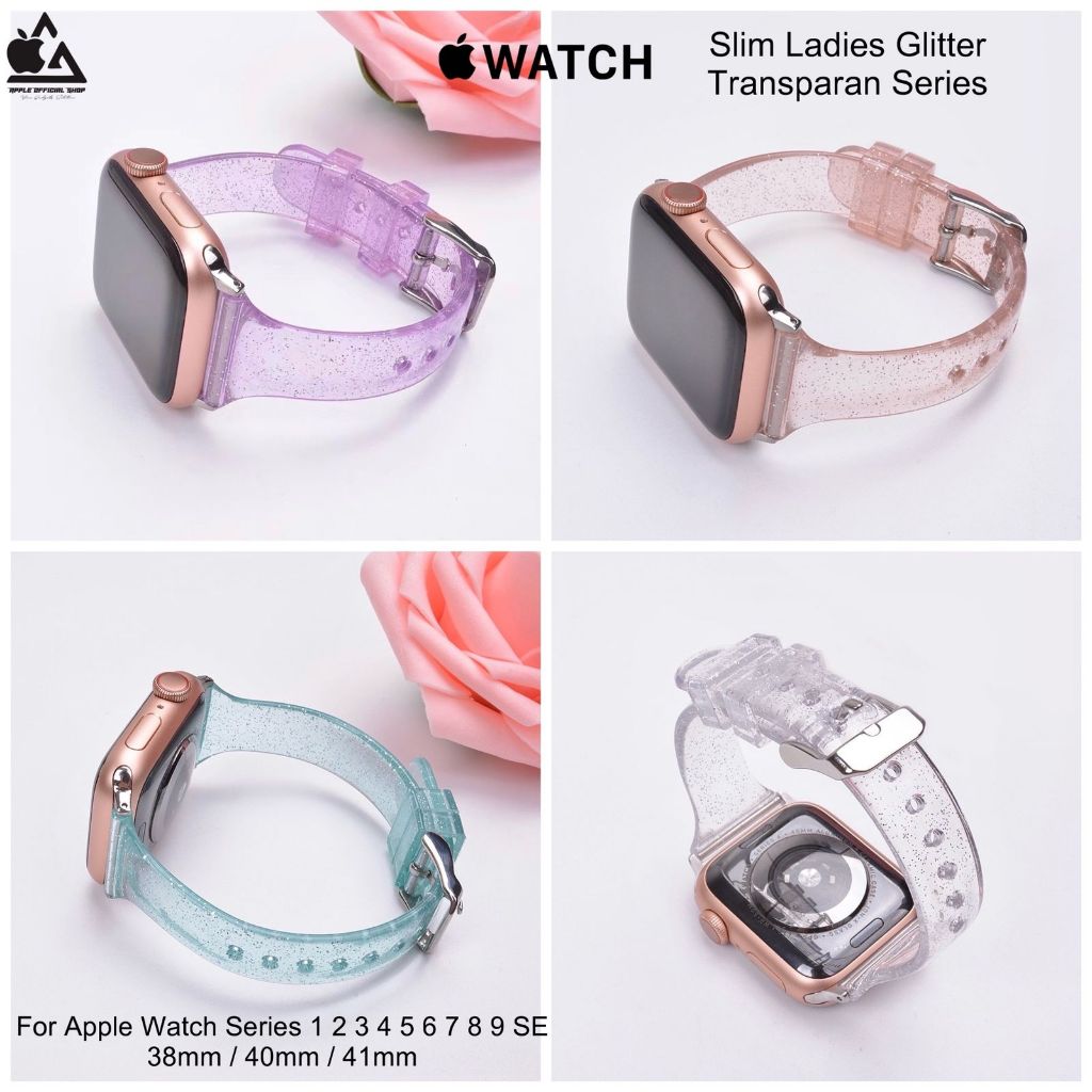 Slim Ladies Glitter Transparan Strap Sport Band Apple Watch 41mm 40mm 38mm Series 1 2 3 4 5 6 7 8 9 