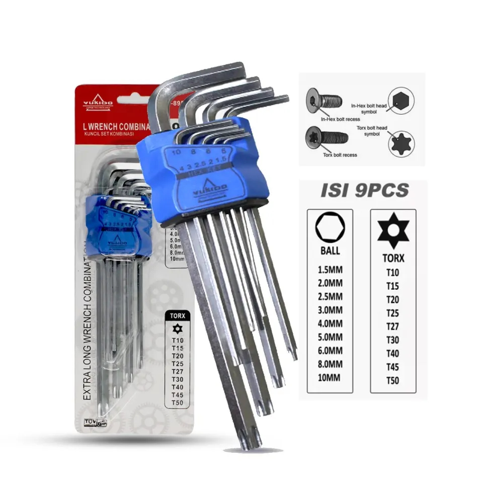 Kunci L Panjang Set Bintang Lubang Segi Kombinasi 9pcs 9 pcs - HDT Hex Torx Key Kunci L Set 9 PCS Uj