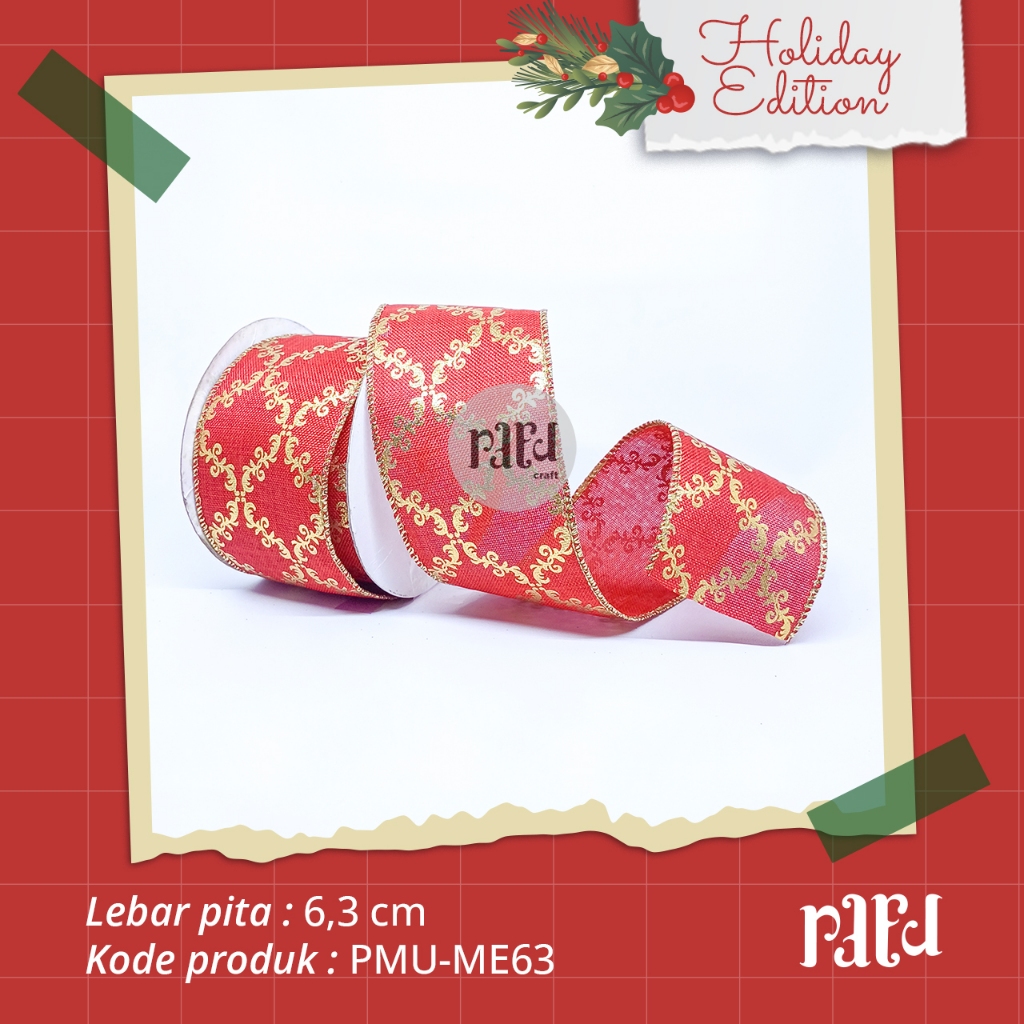 

[RC]-Pita Natal|Pita Motif Ukir |Pita Kado/Hampers|PER 1 YARD (90cm)|Lebar 6,3 CM|Merah Emas