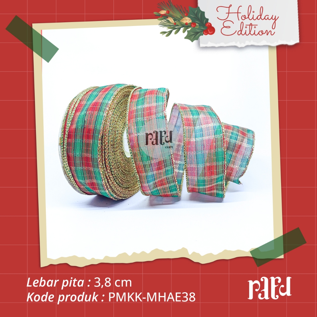 

[RC]-Pita Natal|Pita Motif Kotak-kotak|Pita Kado/Hampers|PER 1 YARD (90cm)|Lebar 3,8 CM|Merah Hijau Aksen Emas