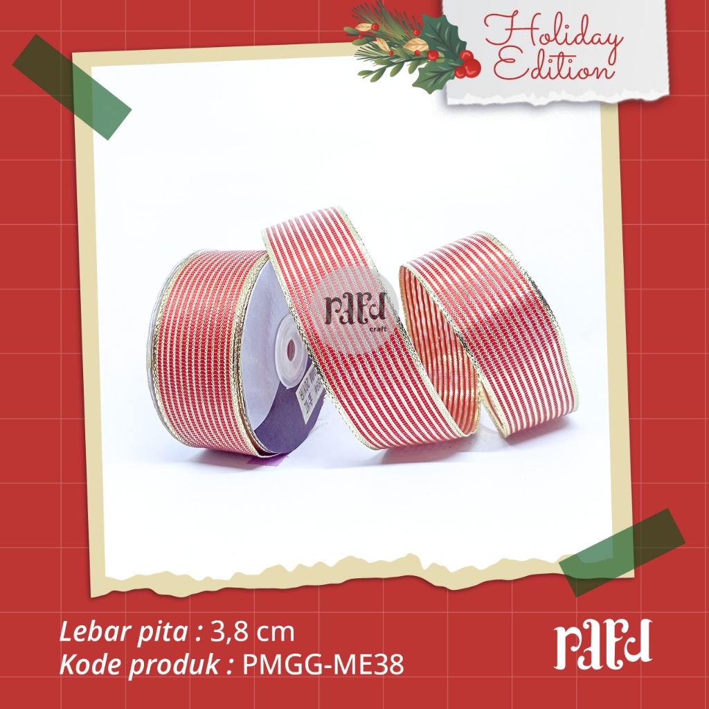 

[RC]-Pita Natal|Pita Motif Garis-Garis|Pita Kado/Hampers|PER 1 YARD (90cm)|Lebar 3,8 CM|Merah Emas