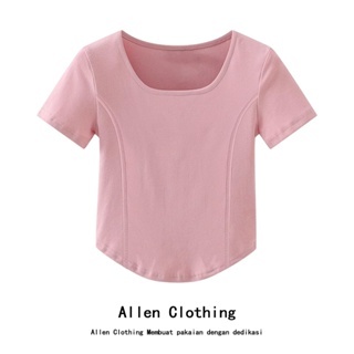 Allen Clothing Atasan Crop Elastis Ketat Terbaru Merah Muda Kaus Lengan Pendek Wanita Gaya Korea Musim Panas