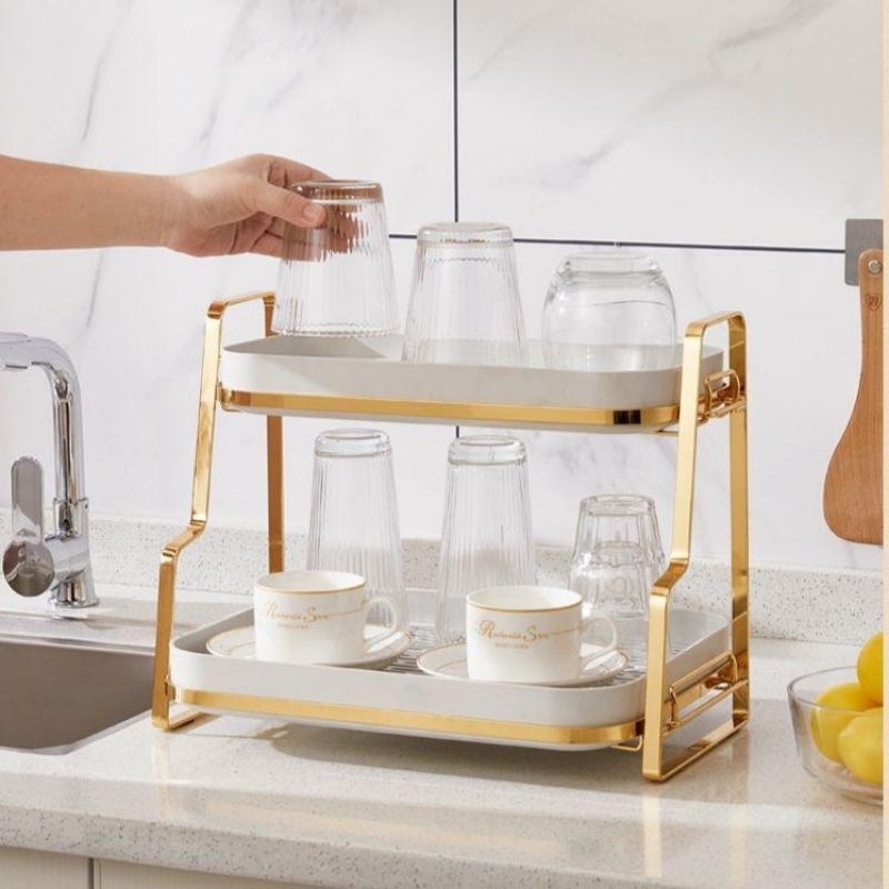 Rak Peniris Gelas Serbaguna Stainless Minimalis Putih Gold Rak Bumbu Dapur Rak Gelas Gold Rak Piring