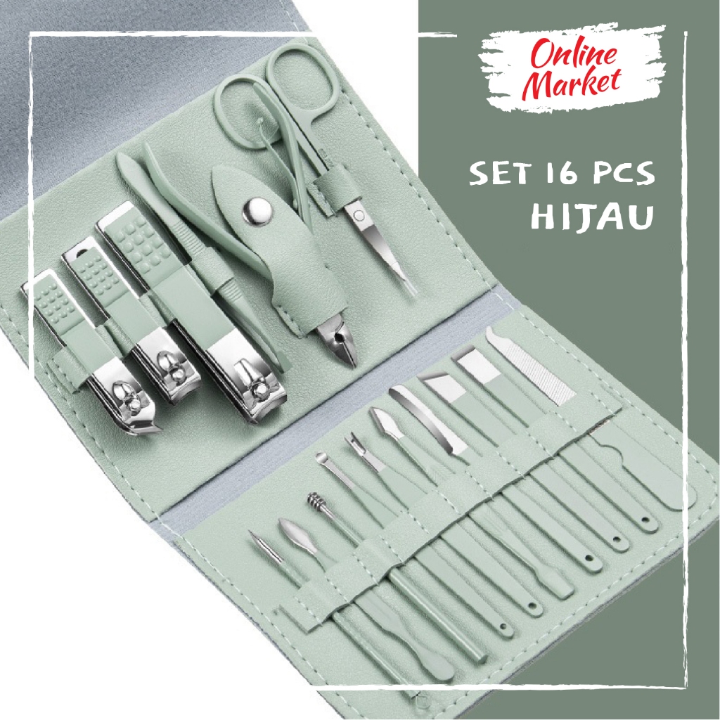 SET 16 PCS Manicure & Pedicure  Pouch Kulit - Set Gunting Kuku - Perawatan Kebersihan Telinga dan Al