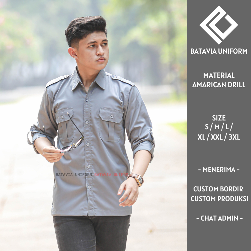 Baju PDL Pria Lengan Panjang - Kemeja Seragam Kerja Dinas Lapangan PDL PDH Abu Bahan American Drill 