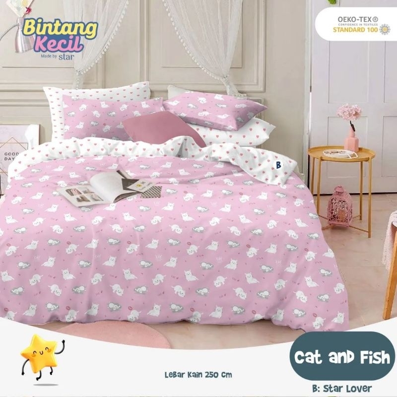 Katun Lokal Original Grade 1 kain Sprei meteran bahan Star Deluxe motif Cat and Fish Pink