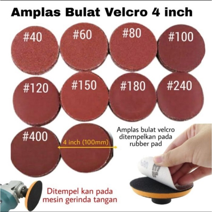 10 Lembar Amplas Bulat Velcro 4 Inch Amplas Bulat Tempel Mesin Gerinda