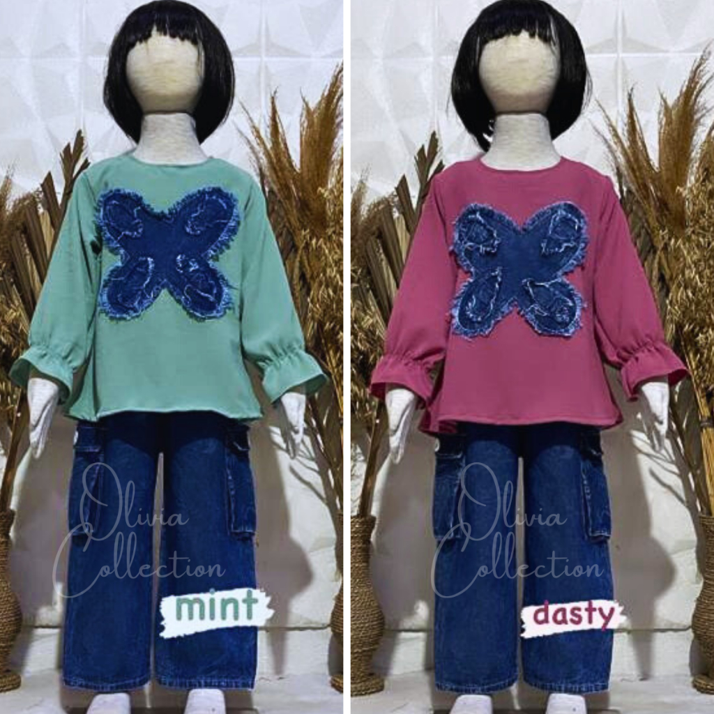 Setelan baju anak perempuan celana kulot levis usia 3 - 10 tahun Setelan Anak Perempuan Ribie Bahan 