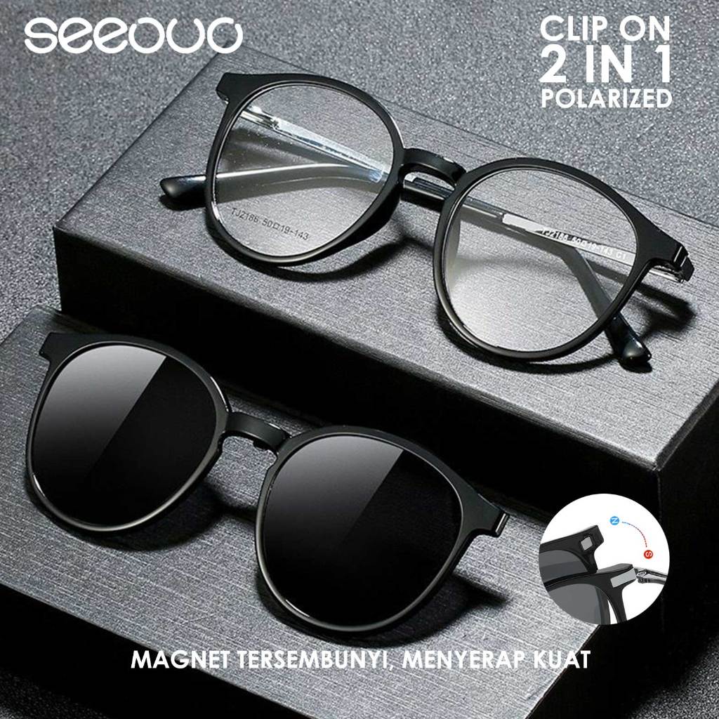 Seeouo Frame Kacamata Clip On 2in1 Model Oval Clip Lensa Polarized TR90+Metal Pria Wanita Bisa Minus