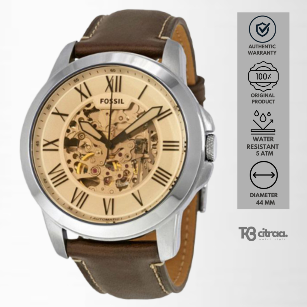 jam tangan Fossil automatic pria Grant cowok Chronograph Silver Dial Dark Brown Leather Strap water resistant Watch casual elegant original ME3122