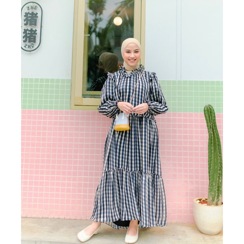SIAP KIRIM ZALINA DRESS GINGHAM NAVY HAIDEE & ORLIN