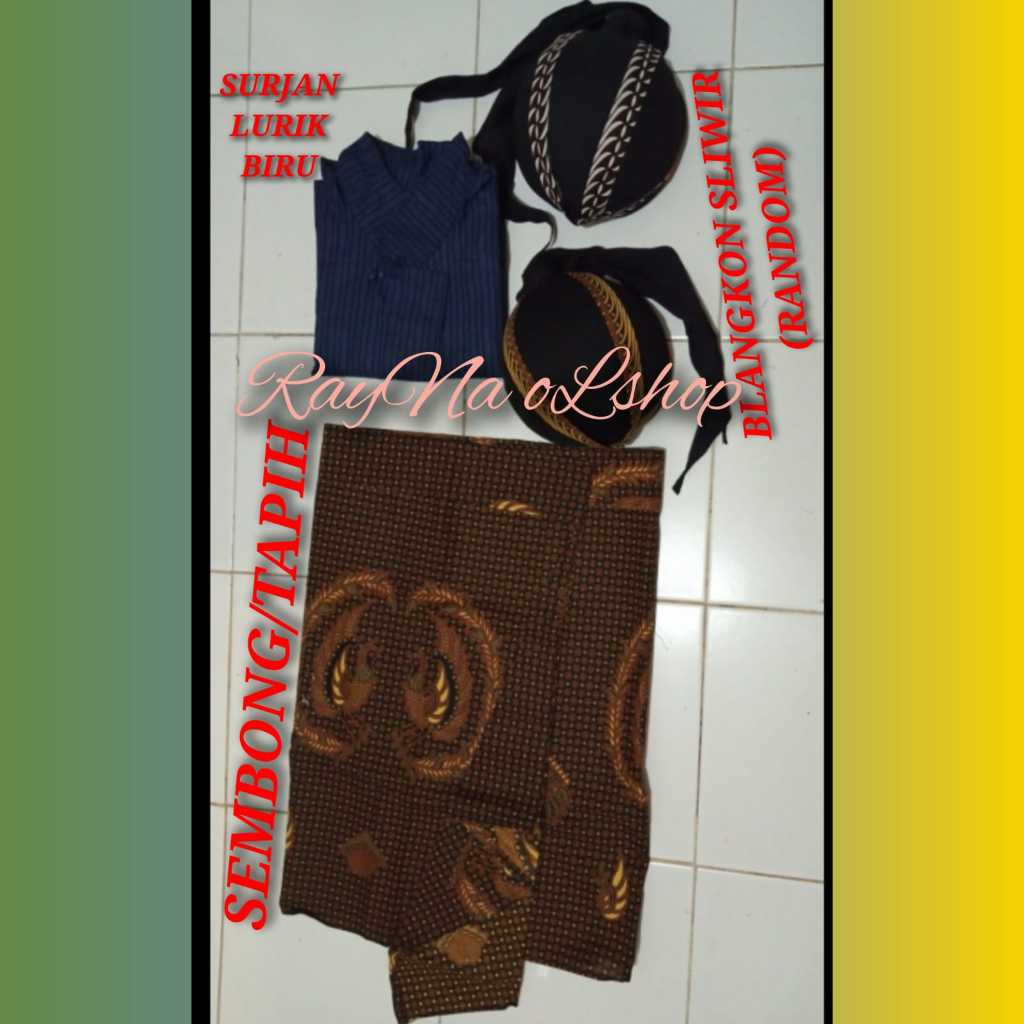 1 SET BAJU SURJAN LURIK BIRU + BLANGKON SLIWIR + SEMBONG/TAPIH, PAKAIAN TENUN PRIA MODERN KLASIK KHA