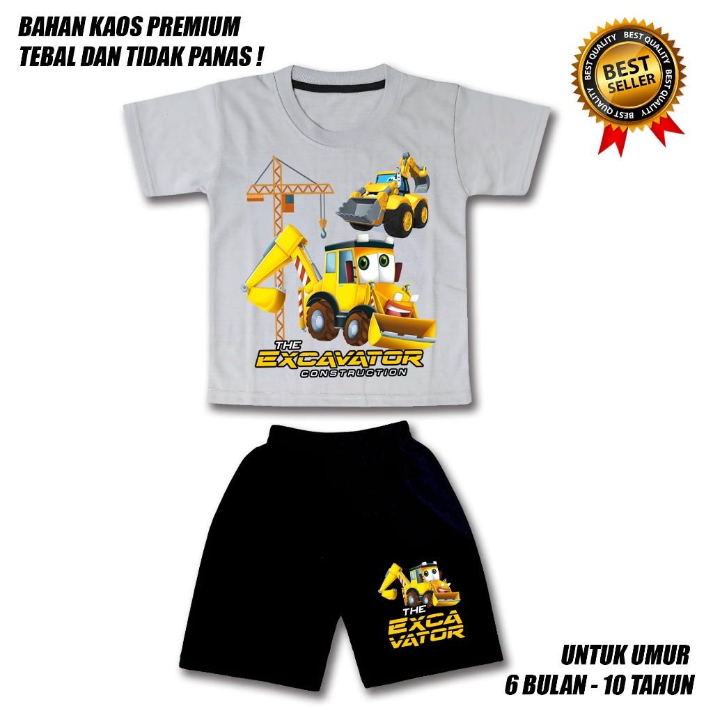 SETELAN ANAK LAKI LAKI MOBIL EXCAVATOR CELANA HITAM MURAH BAHAN PREMIUM