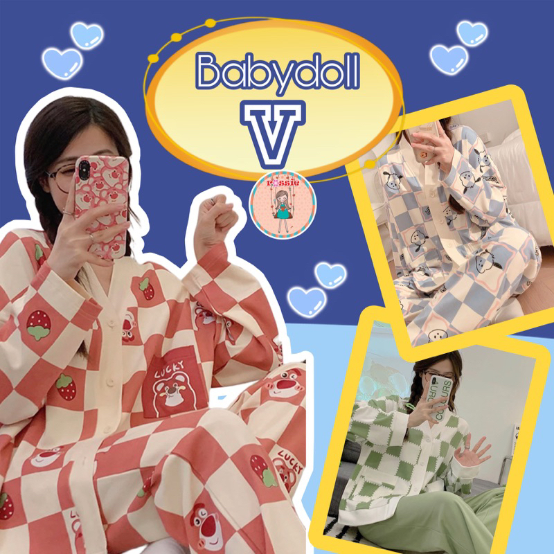 Pakaian Wanita Baju Tidur 3in1/Piyama Wanita Set Lengan Pendek Celana Panjang dan Pendek Motif Kartu