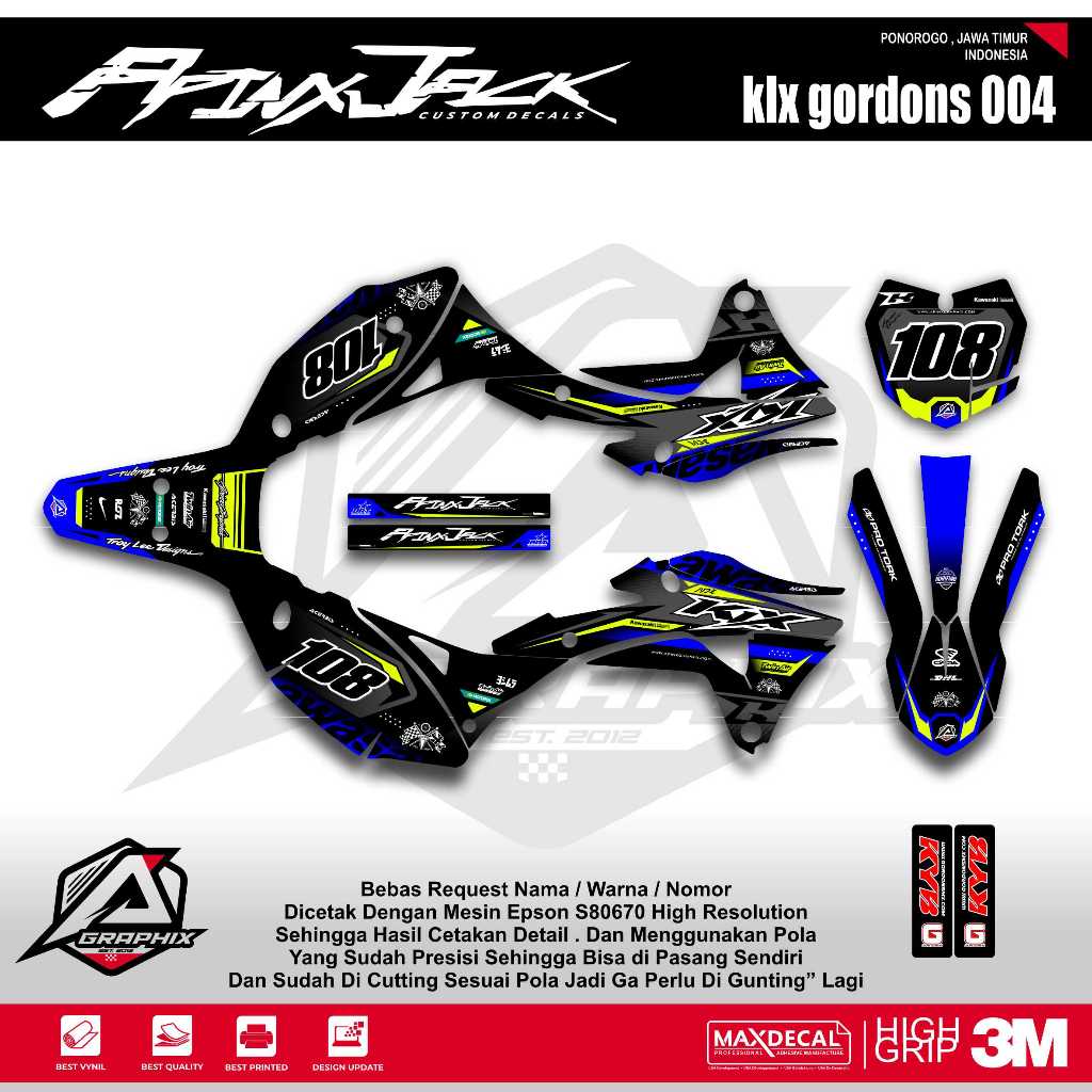 DECAL KLX BODY GORDONS HITAM BIRU KODE 004