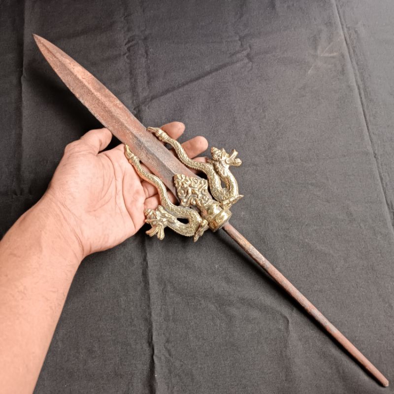 Koleksi Tombak Kadga Naga Kembar Pamor Keleng Kinatah Kuningan Antik Istimewa