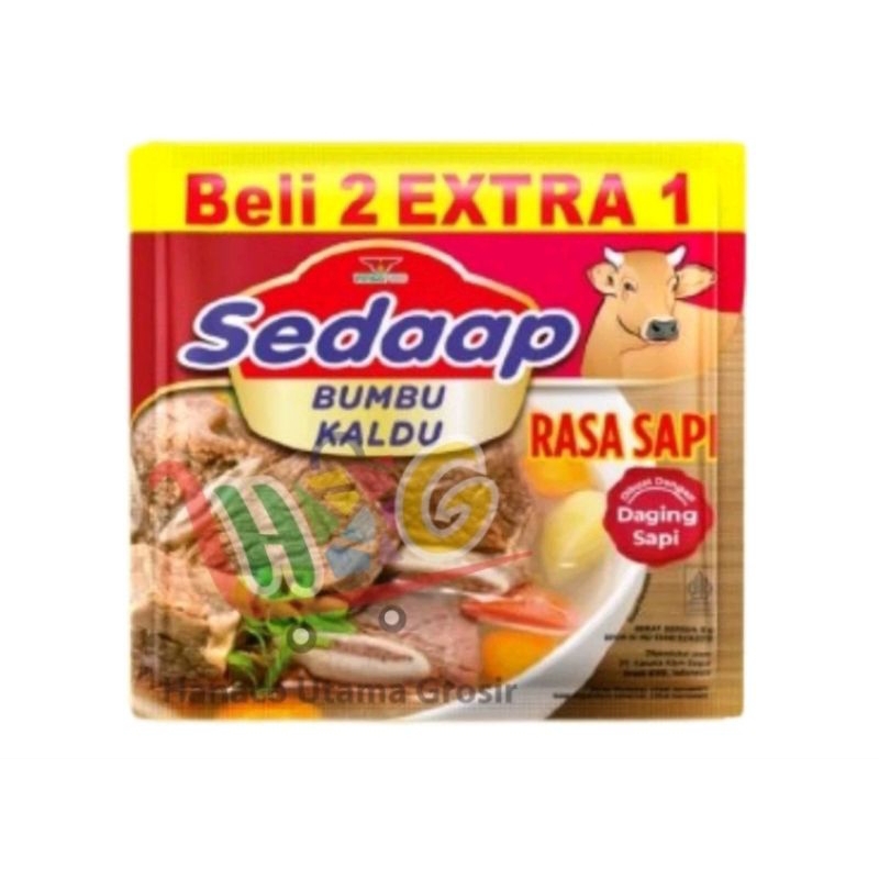 

Sedaap bumbu kaldu sapi 9 gr (dijual.per renteng isi 18 pcs)