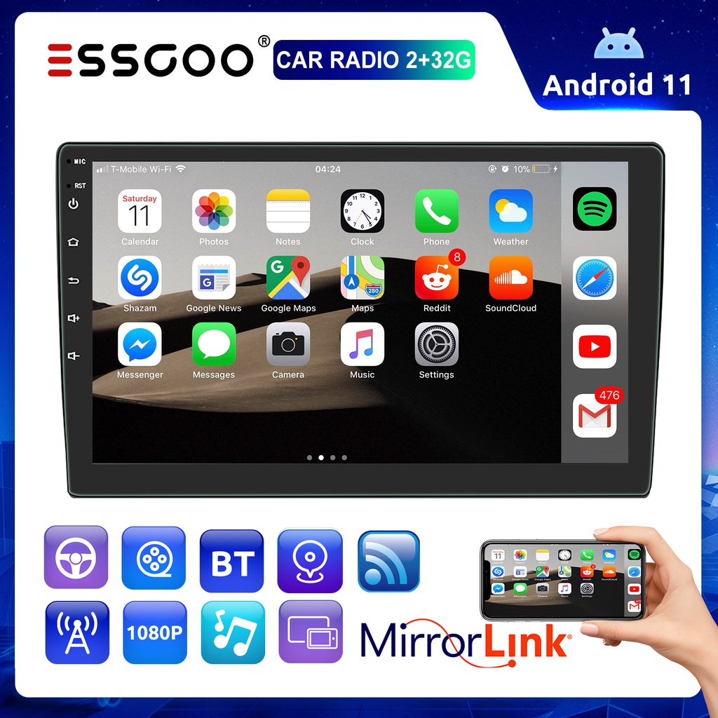 ESSGOO Head Unit Android 12 Double Din 7 9 10 Inch Bluetooth 4G+32GB GPS WIFI GPS AUX FM Pemutar Mob