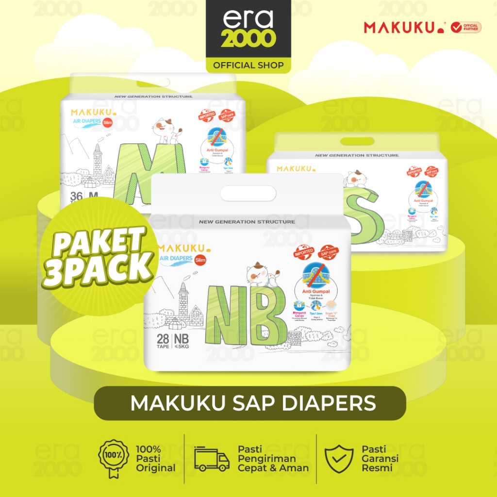 Era 2000 [3 PACK] Makuku SAP Diapers Slim Tape NB28 Popok Bayi Popok Anti Gumpal