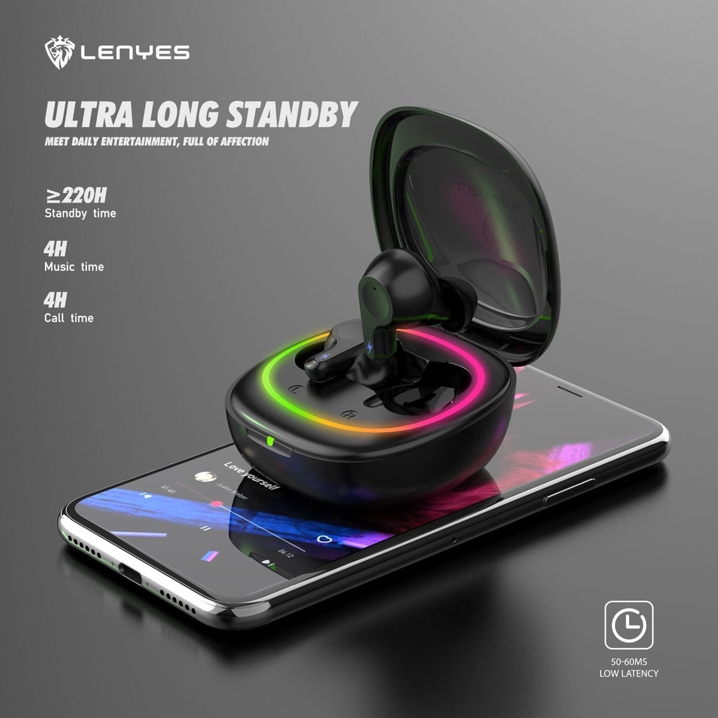 LENYES RGB AIR 53 TWS Earphone Light Wireless Bluetooth 5.3 Headset Hifi Stereo 50ms Low Latency