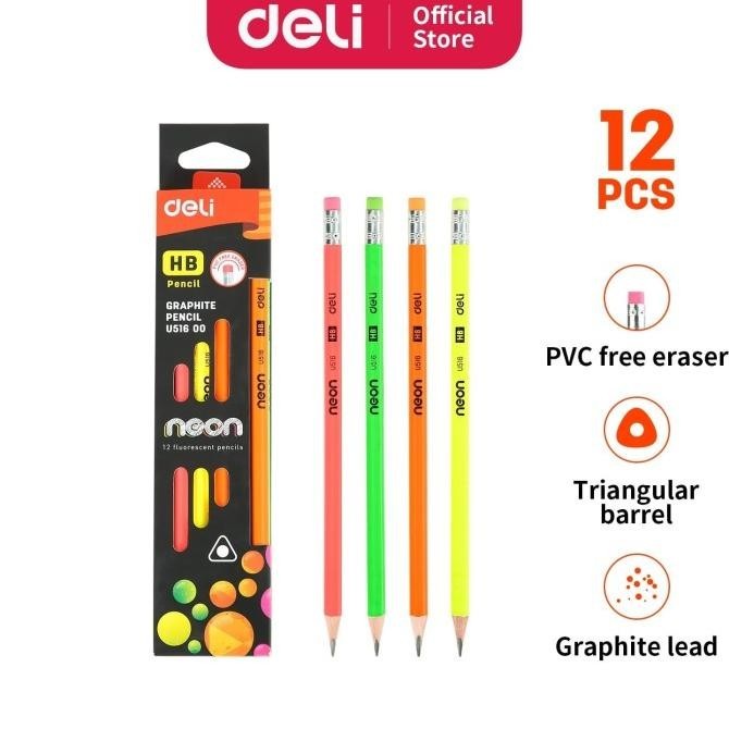

Deli EU51600 Pensil Plastik HB 12 PCS 4 Warna Neon Segitiga