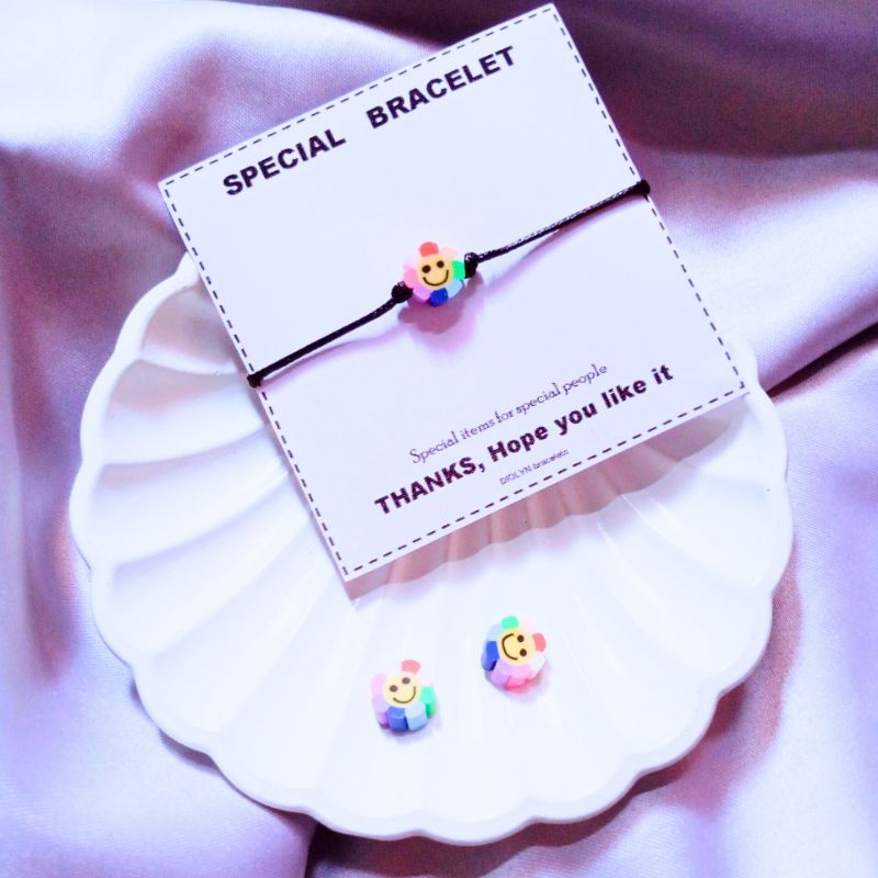 ( Beerrysaa ) GELANG SMILE RAINBOW SUNFLOWER | Gelang tali serut hitam polos waterproof | gelang can