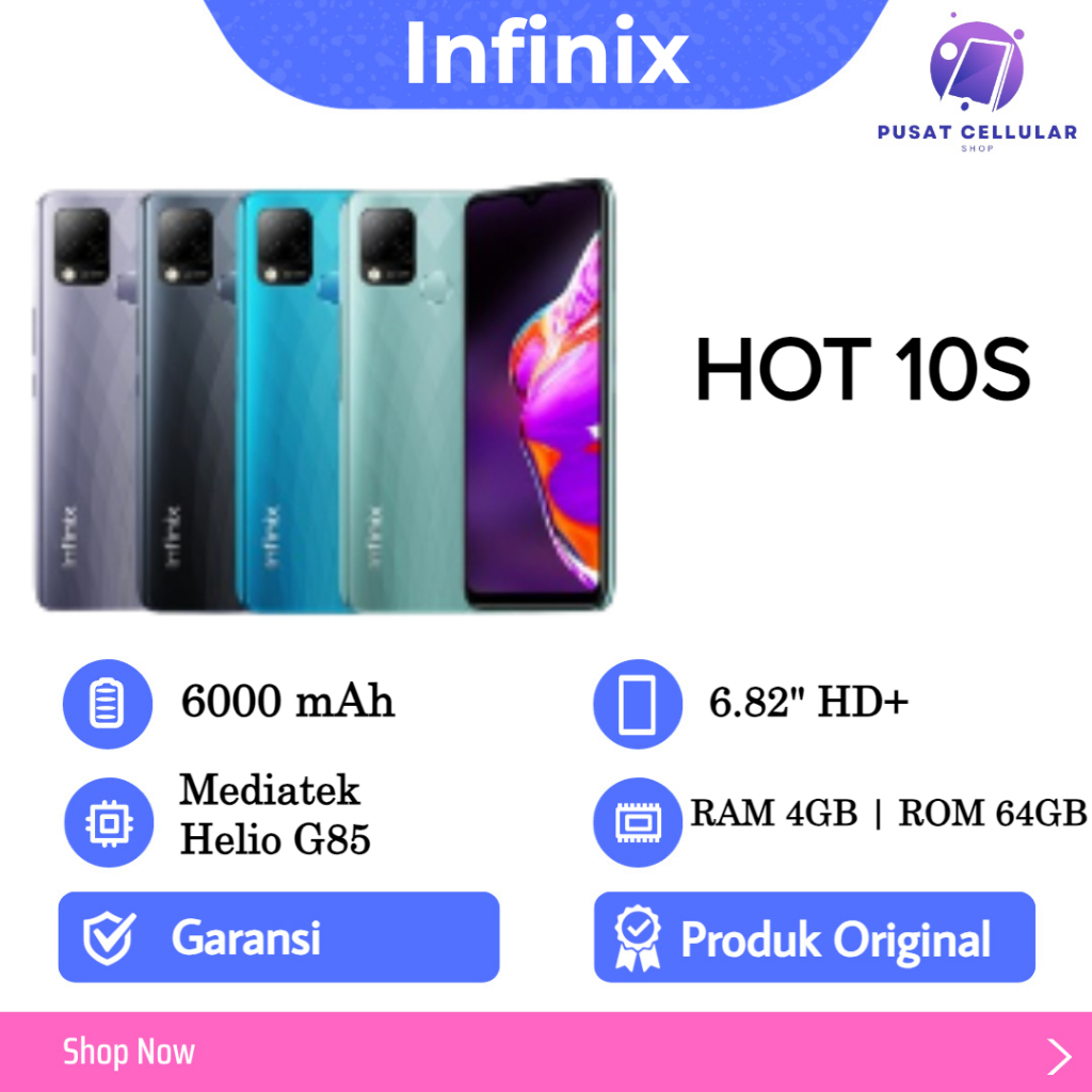 READY STOK Infinix Hot 10S 6/128GB – Helio G85 – 6.000 mAh – 48MP Camera >> FULL SET