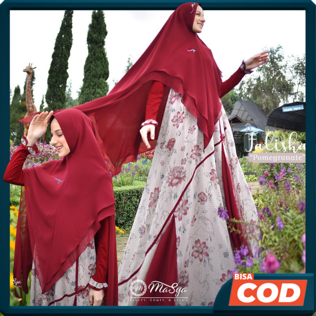 Set Gamis Dress Ceruty Babydoll Syari Branded Printing  Merah - Maroon - Putih - Pomegranate Mewah M