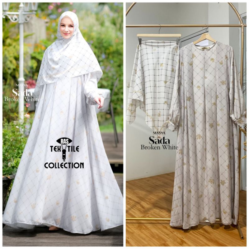 Set Gamis Dress Ceruty Babydoll Printing Premium Syari Warna Putih Broken White Mewah Masya Syari Or