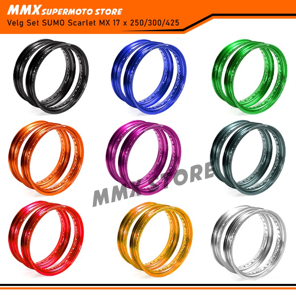 Velg Set Scarlet MX Supermoto 17 x 250 / 300 / 350 / 425 type MT 36 Hole Lingkaran Tapak velek Lebar