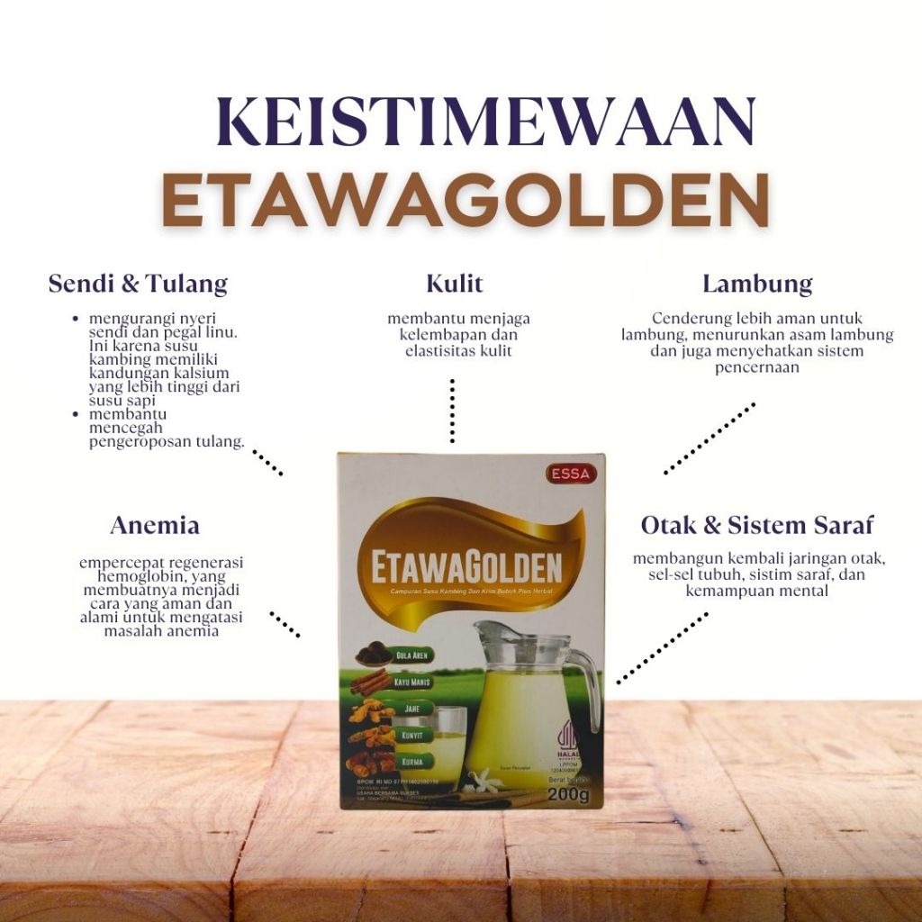 

Etawagolden Susu Kambing Etawa dengan Kurma, Kunyit, Kayu Manis, Jahe dan Gula Aren 200gram untuk penambah Stamina dan aman untuk lactosa intolerant