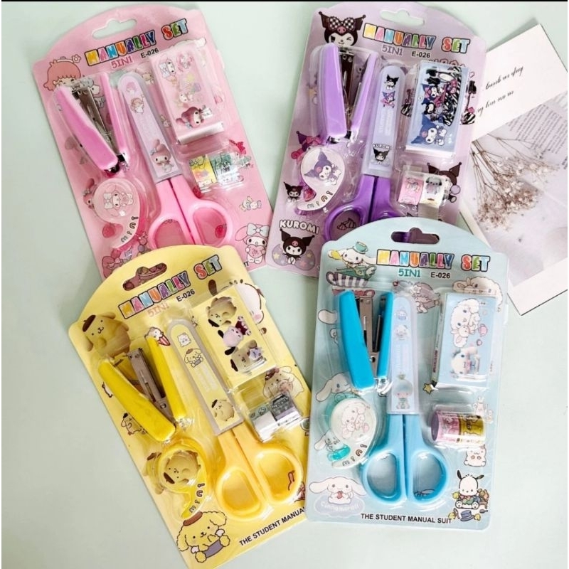 

Set alat tulis 5 in 1 | set gunting stapler tape sanrio | my melody kuromi cinnamoroll pompurin
