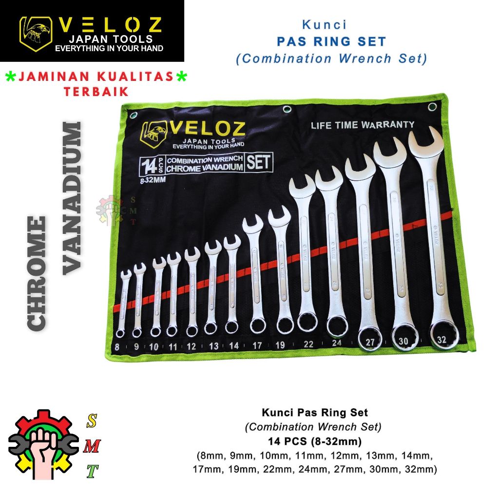 Kunci Pas Ring Set 14 Pcs (8mm-32mm) Veloz Chrome Vanadium steel SUNMURAH TEKNIK Surabaya