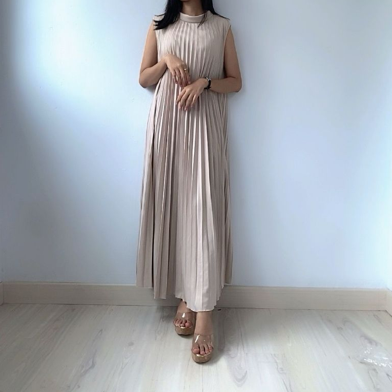 [Basica Moda] 852 Gaun Wanita Dress Maxi Plisket Import