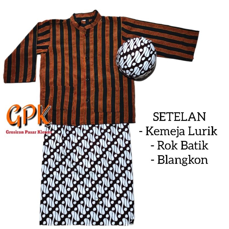 SETELAN Baju Lurik Kemeja Lurik Anak + Jarik Instant + Blangkon Putih