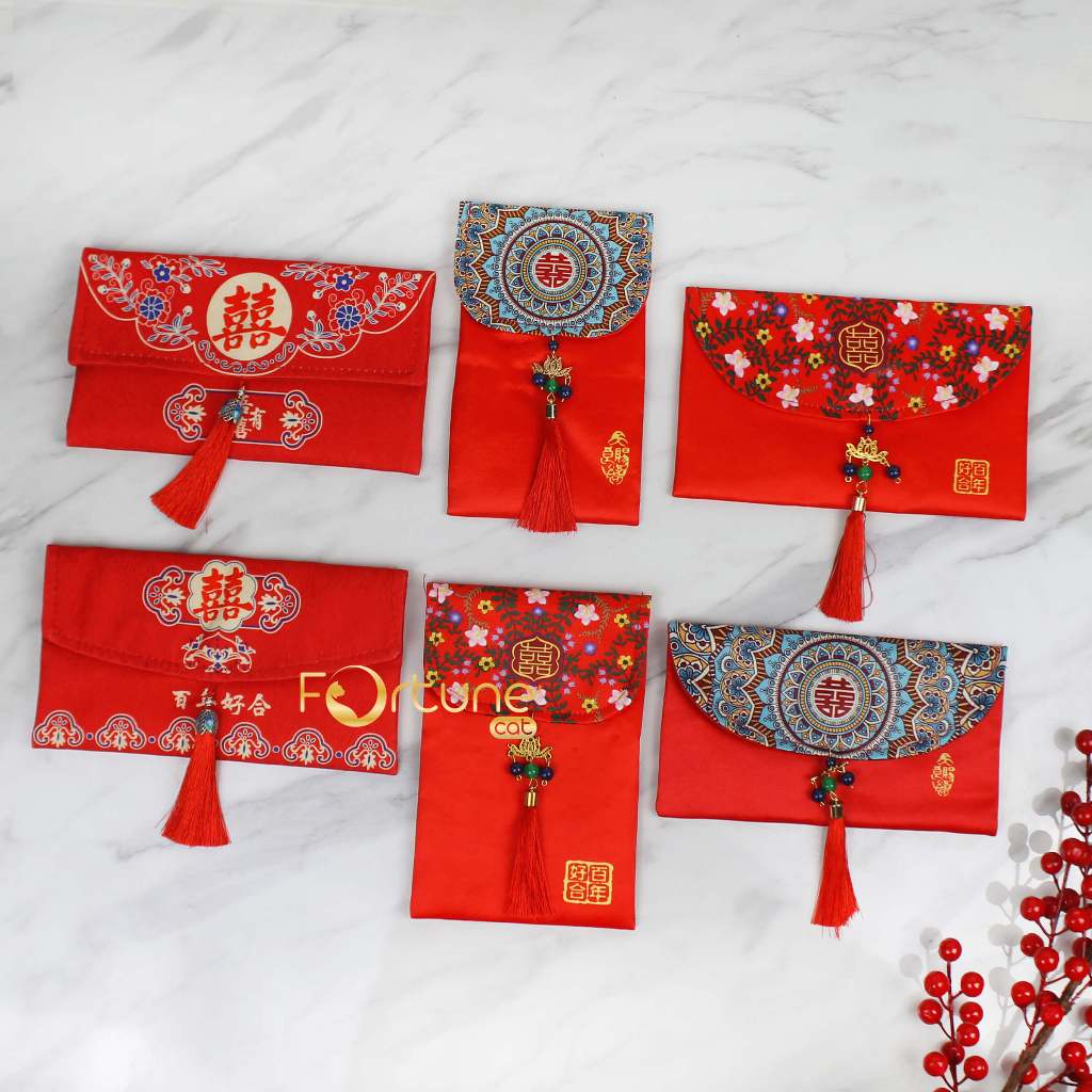 

Angpao Sangjit Kain Wedding Engagement Red Envelope Fabric Hong Bao Model Shuang Xi Horizontal