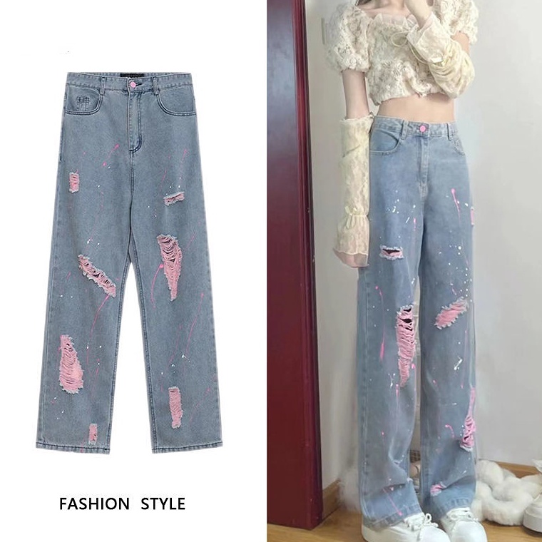 Special Price.. Celana Jeans Sobek Kaki Lebar Longgar Lurus Wanita